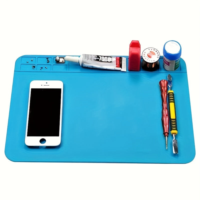 Silicone repair mat with magnetic tools for mobile phone and computer repair. Great for high-temperature heat gun welding. Ideal for digital repair workstations.