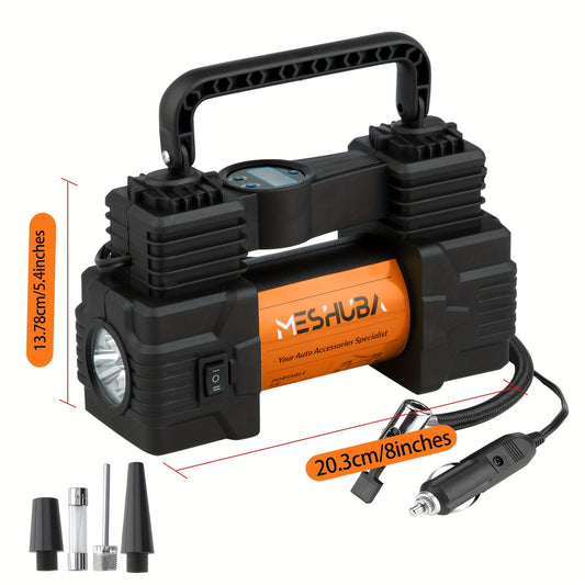 12V portable air compressor with digital pressure gauge for car, bike, motor, and ball tires. Orange color, battery not included.