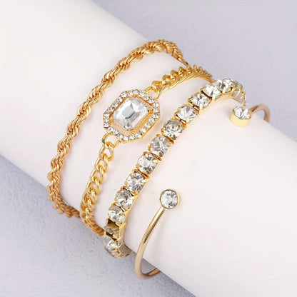 Women's 4-piece punk style twist chain bracelet set with rhinestones.