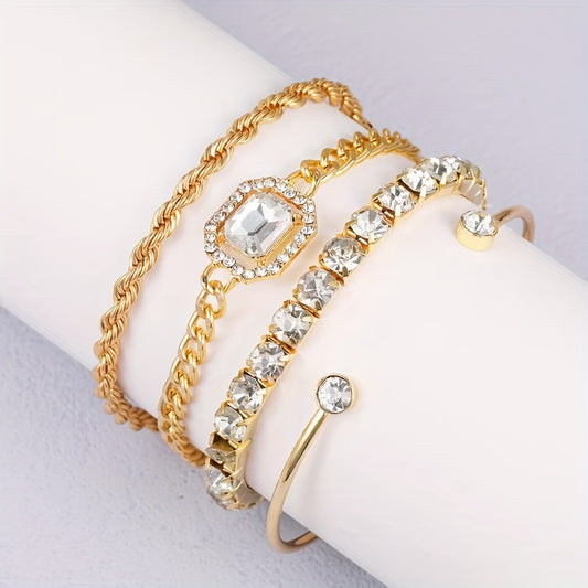 Women's 4-piece punk style twist chain bracelet set with rhinestones.