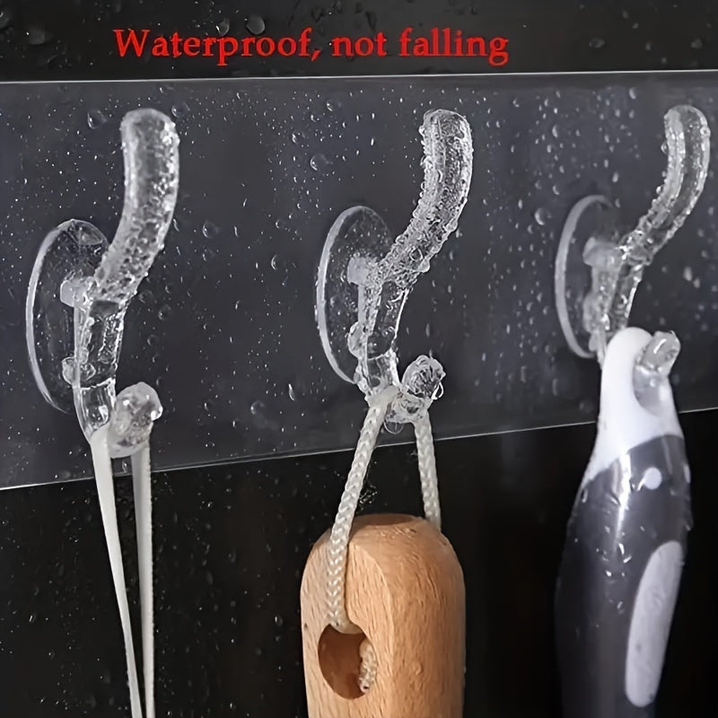 1 piece of adhesive row hooks with six linked transparent seamless hooks that are oilproof and waterproof.