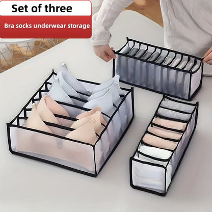 Three underwear storage boxes for organizing socks, bras, and underwear in your wardrobe or drawer.