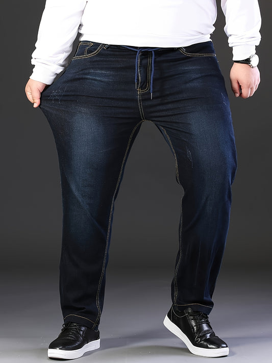 Stretchy ribbed elastic waist jeans for men, perfect for business casual wear. Plus size available.