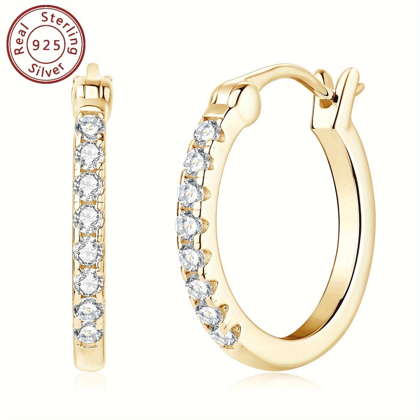 These elegant earrings are crafted from 925 sterling silver and feature a pair of round Moissanite stones. Each earring weighs approximately 3.94g and is adorned with 16 pieces of 1.8mm Moissanite stones, totaling 0.4 carats per pair. Perfect for adding