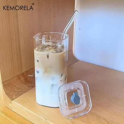 KEMORELA 4/6pcs 380ml/12oz Portable Drinking Cup - Rectangular Heat-Resistant Glass Mug with Lid and Straw - Durable and Versatile for Hot or Cold Beverages, Single-Piece Packaging, Perfect for On-The-Go.