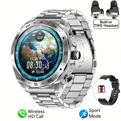 [Popular Choice] Smart Watch with built-in TWS headphones, AI voice, HD touch screen, fitness tracker, and steel/silicone strap for men.