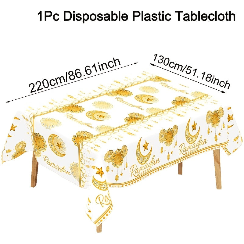 1pc White & Golden Ramadan Kareem Disposable Plastic Tablecloth, 130x220cm, featuring Moon, Lantern, & Star pattern. Ideal for Islamic Muslim parties, Eid Al Adha & home celebrations.