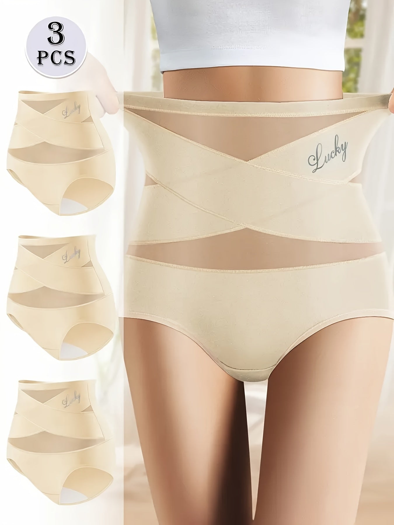 3-Pack High Waist Shapewear Panties with Alphabet Print, Adjustable Cross Design, Polyester-Elastane Knit Fabric for Comfortable Tummy Control.