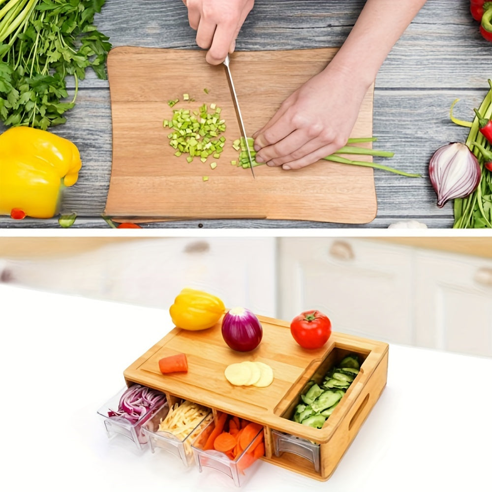 Bamboo Chopping Board with Drawer Containers, Graters, and Juice Grooves - Kitchen Organizer with Storage, Easy to Clean, Food Safe Wood Board with Handle Design