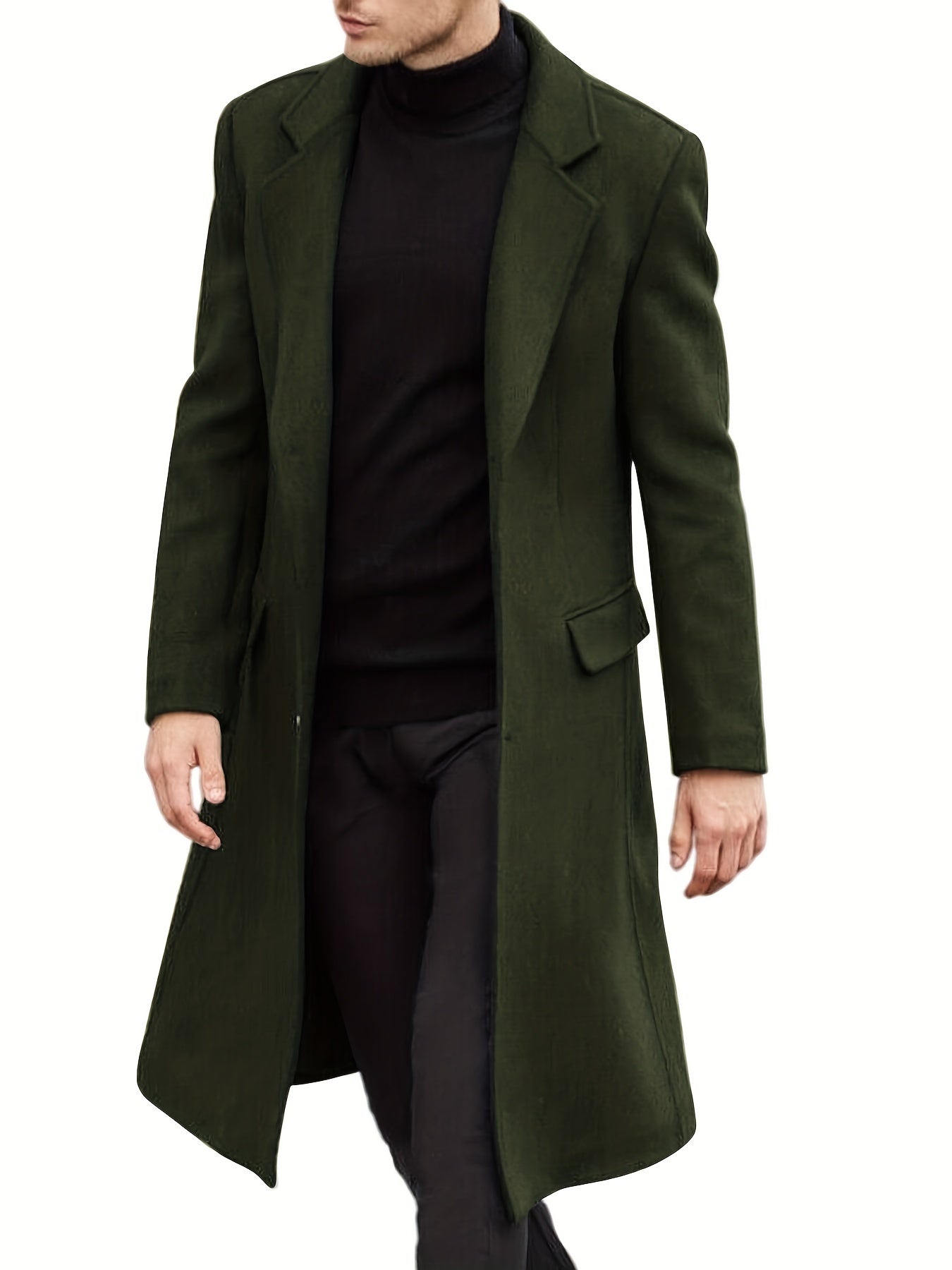 Red men's mid-length pea coat with single-breasted design, perfect for fall/winter. Made of polyester fabric with pockets and button closure. Suitable for casual or business wear, ideal for