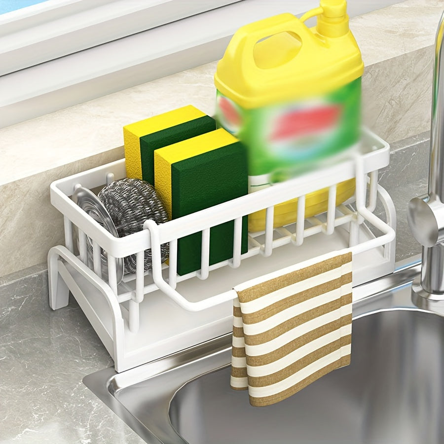 Kitchen Dish Cloth & Sponge Holder with Drain Tray - 1 Piece, Plastic Sink Caddy Organizer for Home Storage and Organization