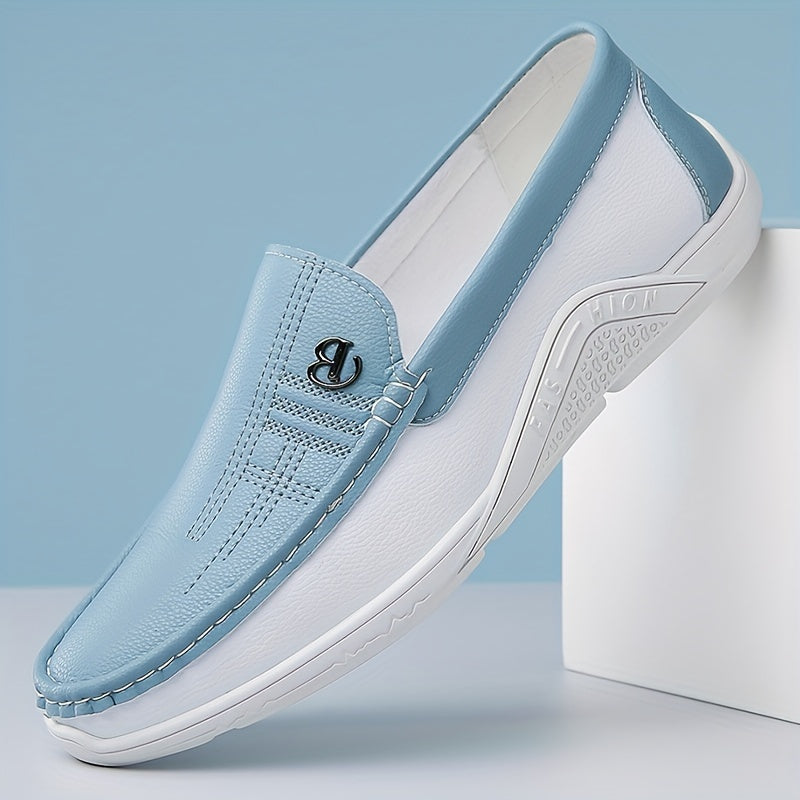 Men's trendy color block slip-on loafers with microfiber upper and durable non-slip rubber sole, perfect for daily wear.