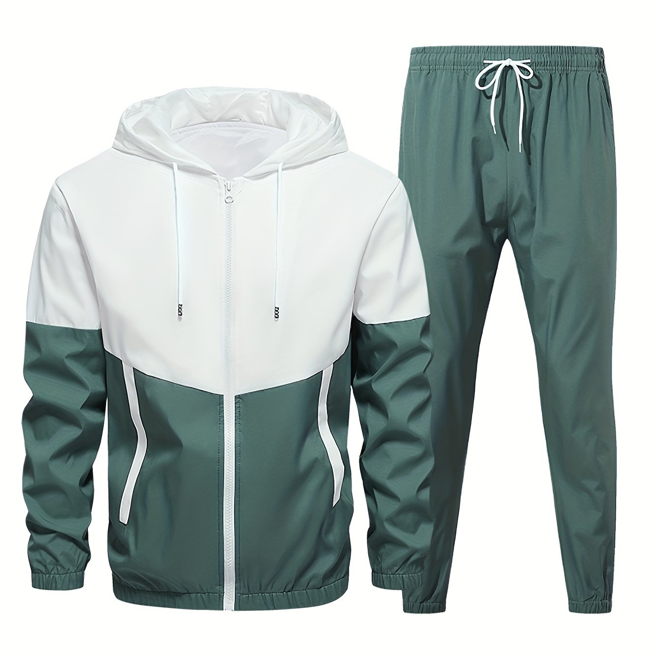 Men's 2-piece casual sports set with hooded jacket and pants in a stylish color block design for a trendy athletic look during spring or autumn.