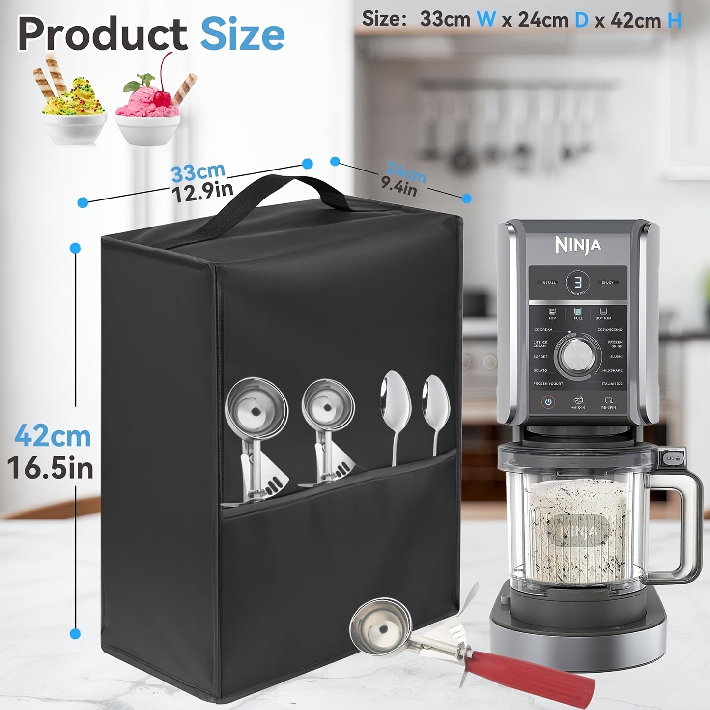 Protect your Ninja NC301 & NC299 ice cream maker with this durable, waterproof cover made from easy-to-clean Oxford fabric. Featuring a side pocket for accessories, this black and grey cover is perfect for keeping your frozen desserts machine dust-free.