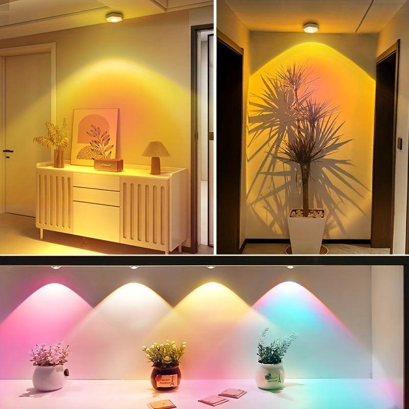 Dimmable sunset night light with adjustable lighting, push button control, battery powered for bedroom and various room types. LED lights, no laser or battery included.