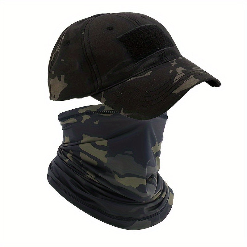 Camouflage baseball cap with cooling neck gaiter and UV protection mask for men and women, suitable for outdoor activities.