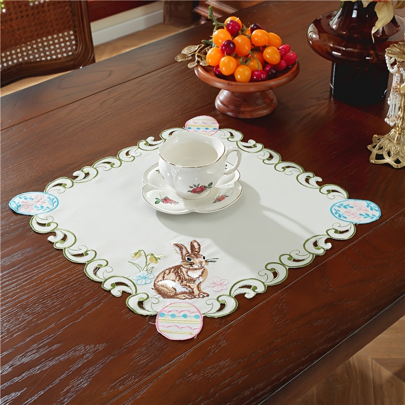 Elegant Easter Bunny & Egg Table Runner: 100% polyester with handcrafted floral design, perfect for Spring celebrations and home decor.