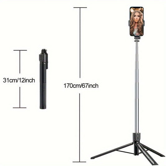 Portable 67-inch Selfie Stick Tripod with Wireless Remote and 360-Degree Rotation