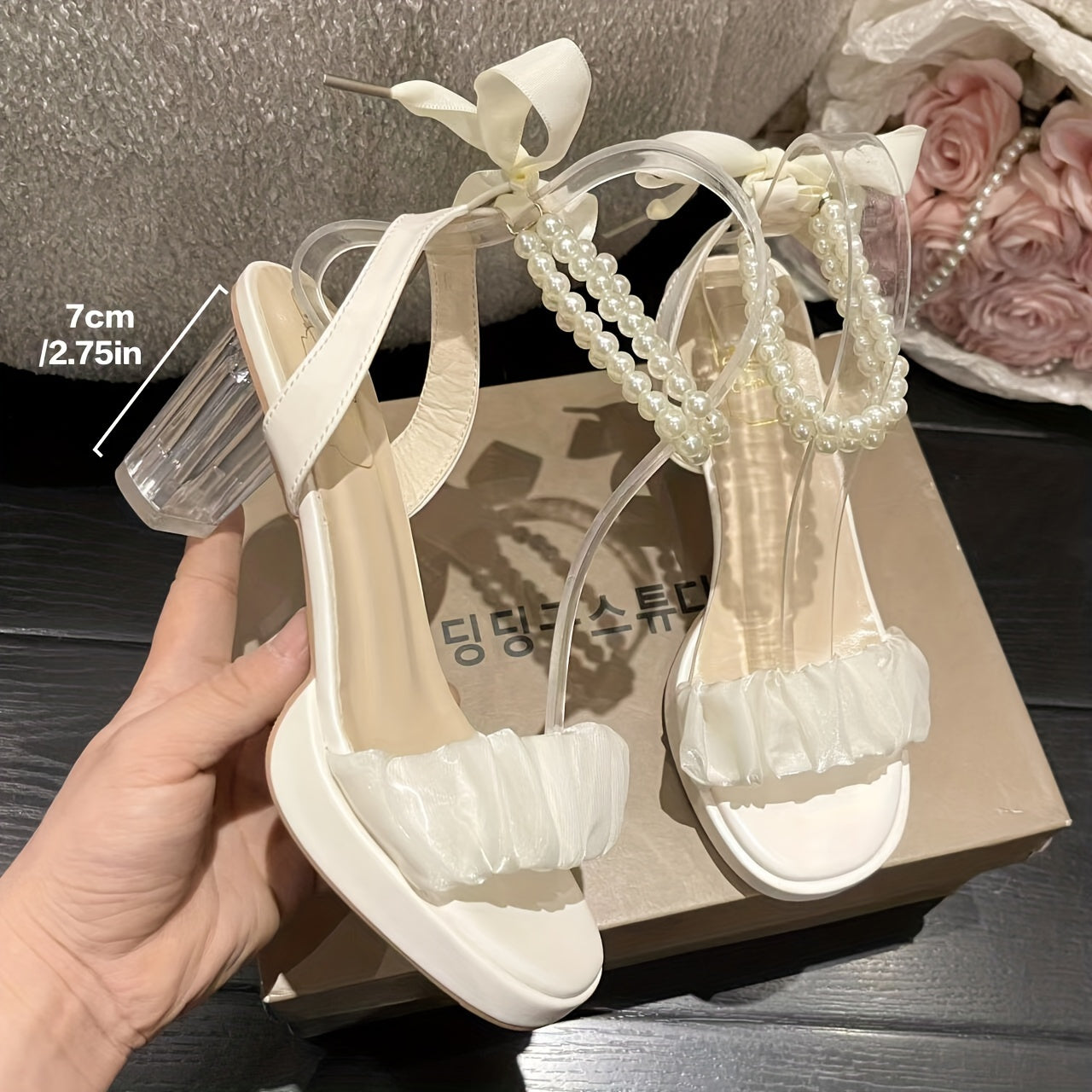 Stylish Summer 2024 Women's High Heel Sandals - Lace-Up with Faux Pearl Accents, Roman Style for Dresses