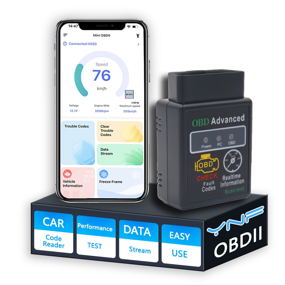 Wireless YNF OBD2 Scanner for Android App, Engine Fault Codes & Performance Monitoring with Plug-in Power.