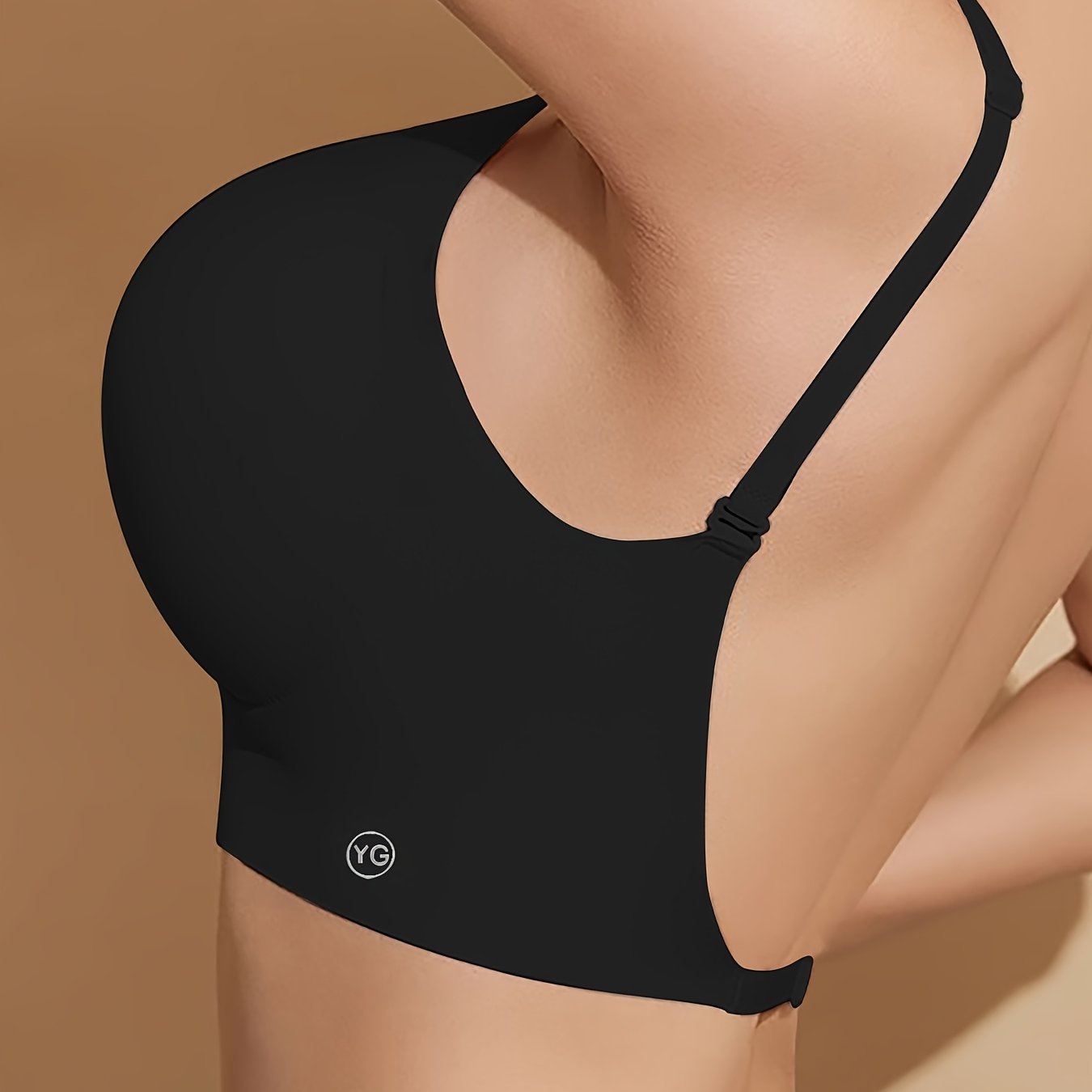 1pc Women's sexy backless wire-free bra with removable padding, made of 78% polyamide and 22% spandex for invisible comfort. Solid color knit fabric.