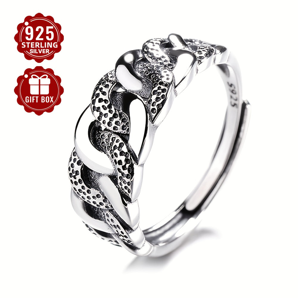 "Sterling Silver Geometric Twist Ring with Retro Neutral Design, Punk Style, and Fashion Sense for Women's Index Finger. Perfect for Party and Music Festival Wear, weighs approximately 3.2g."