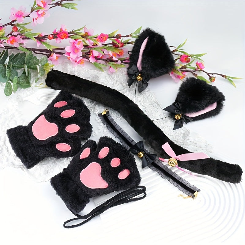 Top Pick: DRADO Black Cat Ear Hoop, Meat Ball Glove, and Tail Neck Chain with Bell - Complete 4-piece Halloween Crossdressing Accessories Set