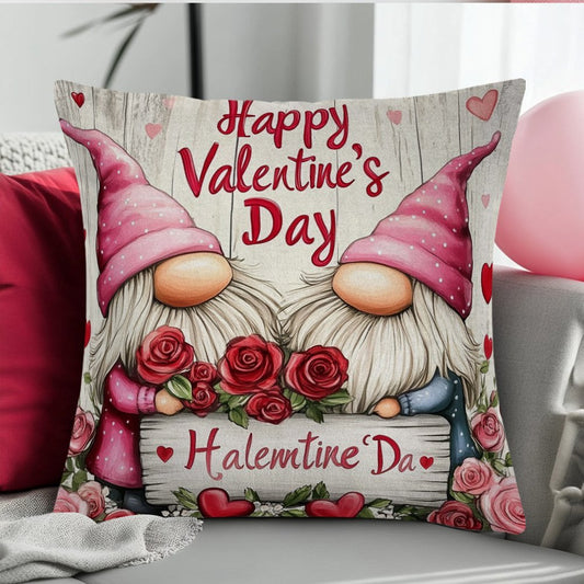 Vintage Gnome Love Design Pillow Cover, 45.72x45.72 cm, made of Polyester, with Zipper Closure for easy removal and machine washable. Suitable for all seasons, featuring a charming Floral Theme perfect for decorating your Sofa, Tent or Home. Ideal gift