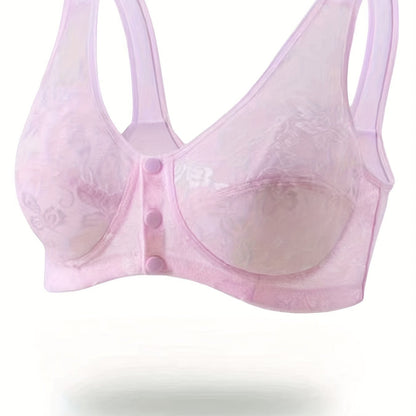 Stylish front clasp lace bra with full coverage and medium support for mature women, featuring decorative floral patterns and comfortable vest-style fit.