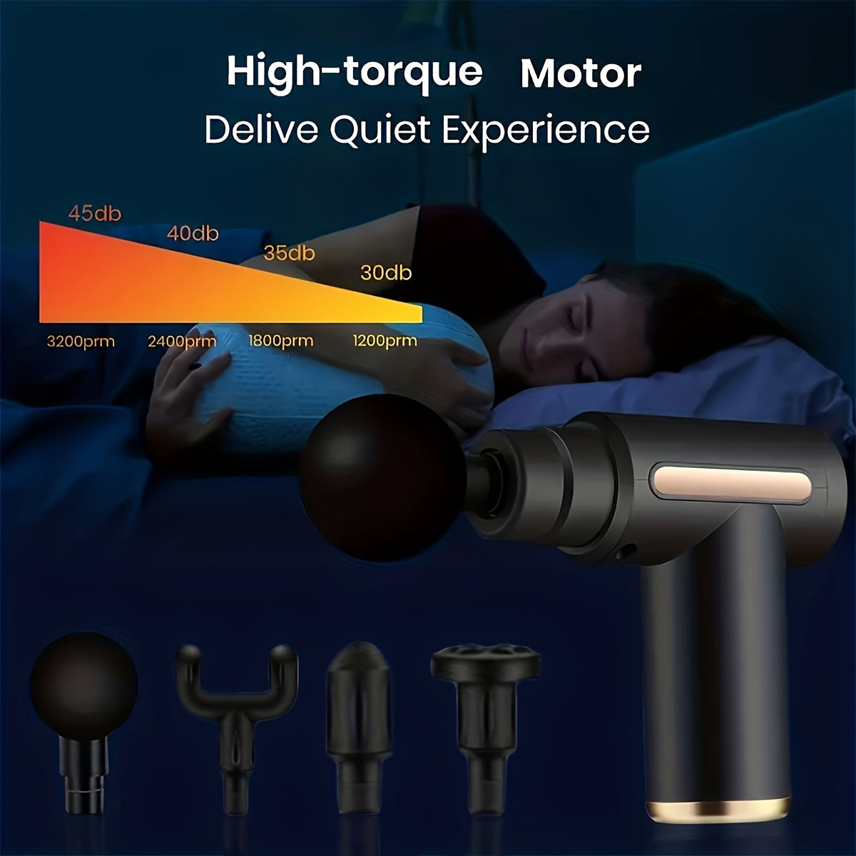 Sleek black & golden massage gun with powerful motor for deep tissue relief. USB rechargeable for back & neck relaxation.