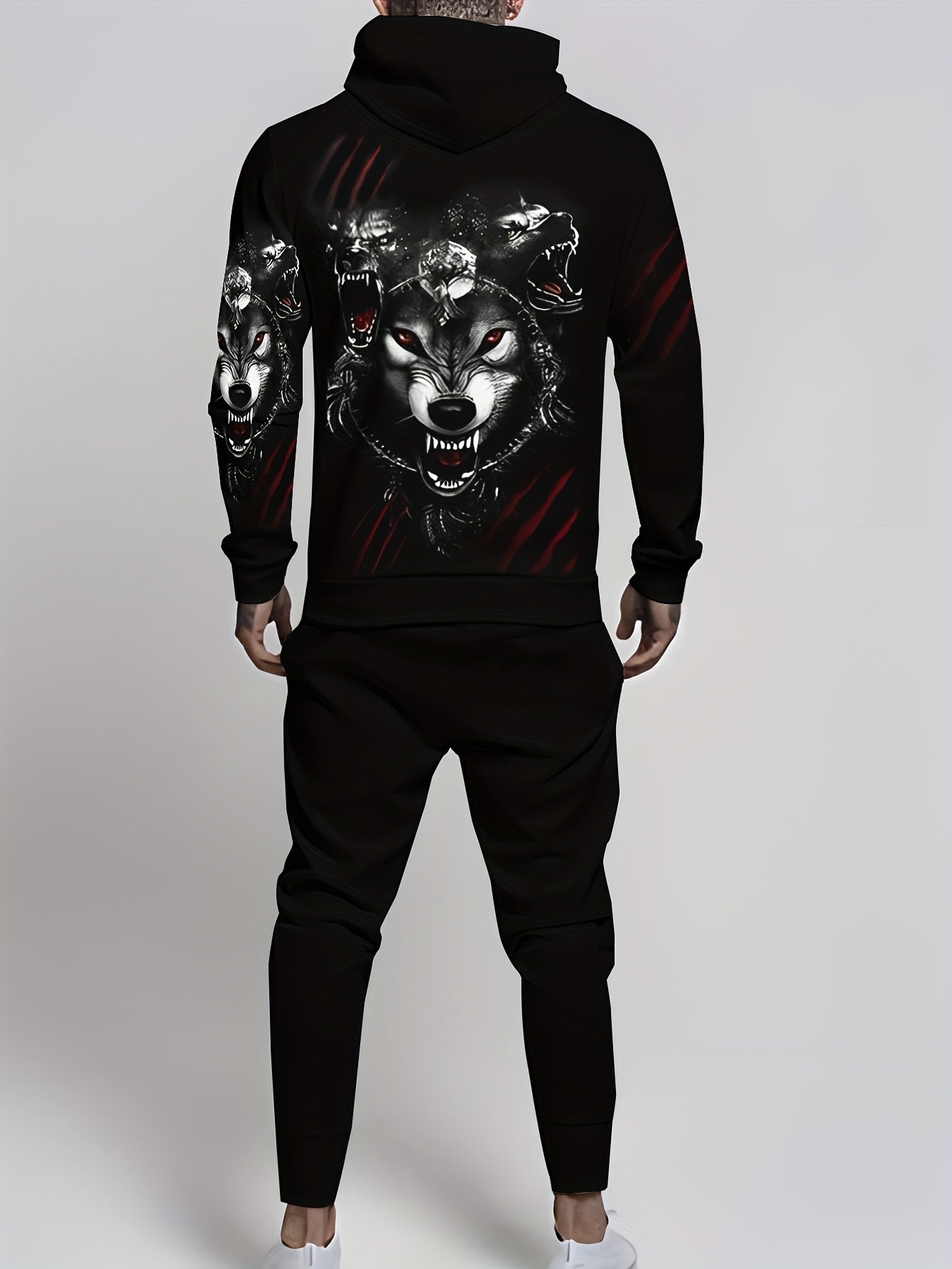 Men's plus size wolf print hooded sweatshirt and pants set, athletic casual style for spring/autumn