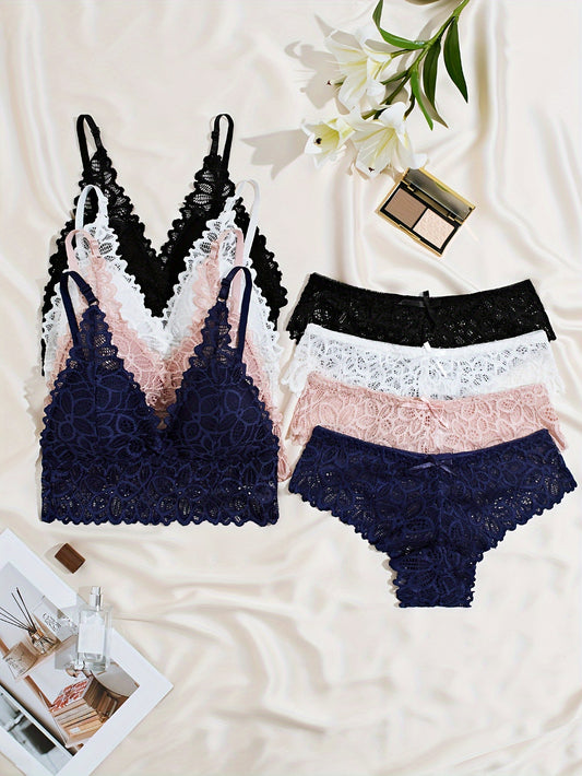 4 sets of women's lace lingerie in black, pink, navy, and white, available in sizes S, M, and L.