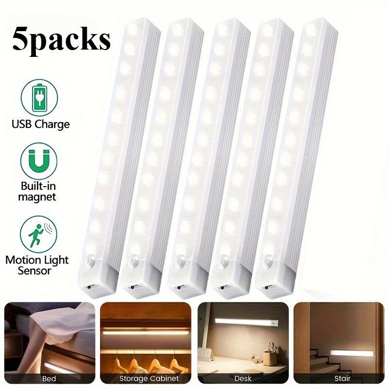 5 Pack LED motion sensor lights with USB rechargeable batteries for wireless undercounter illumination in hallways, kitchens, stairs, and wardrobes. Suitable for home decoration.