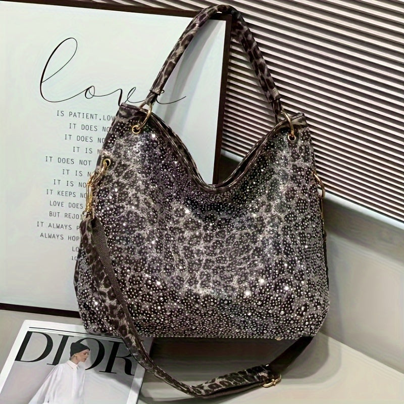 Chic Women's tote with rhinestones, leopard print, and detachable strap - ideal for daily commute and weekend getaways.