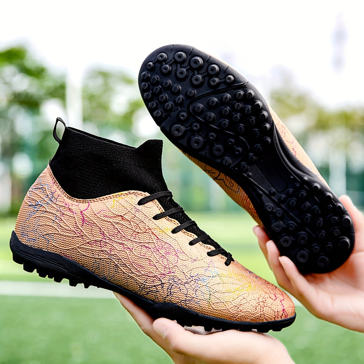 Trendy men's TF football shoes with collar, non-slip and durable for outdoor training and competition in all seasons.