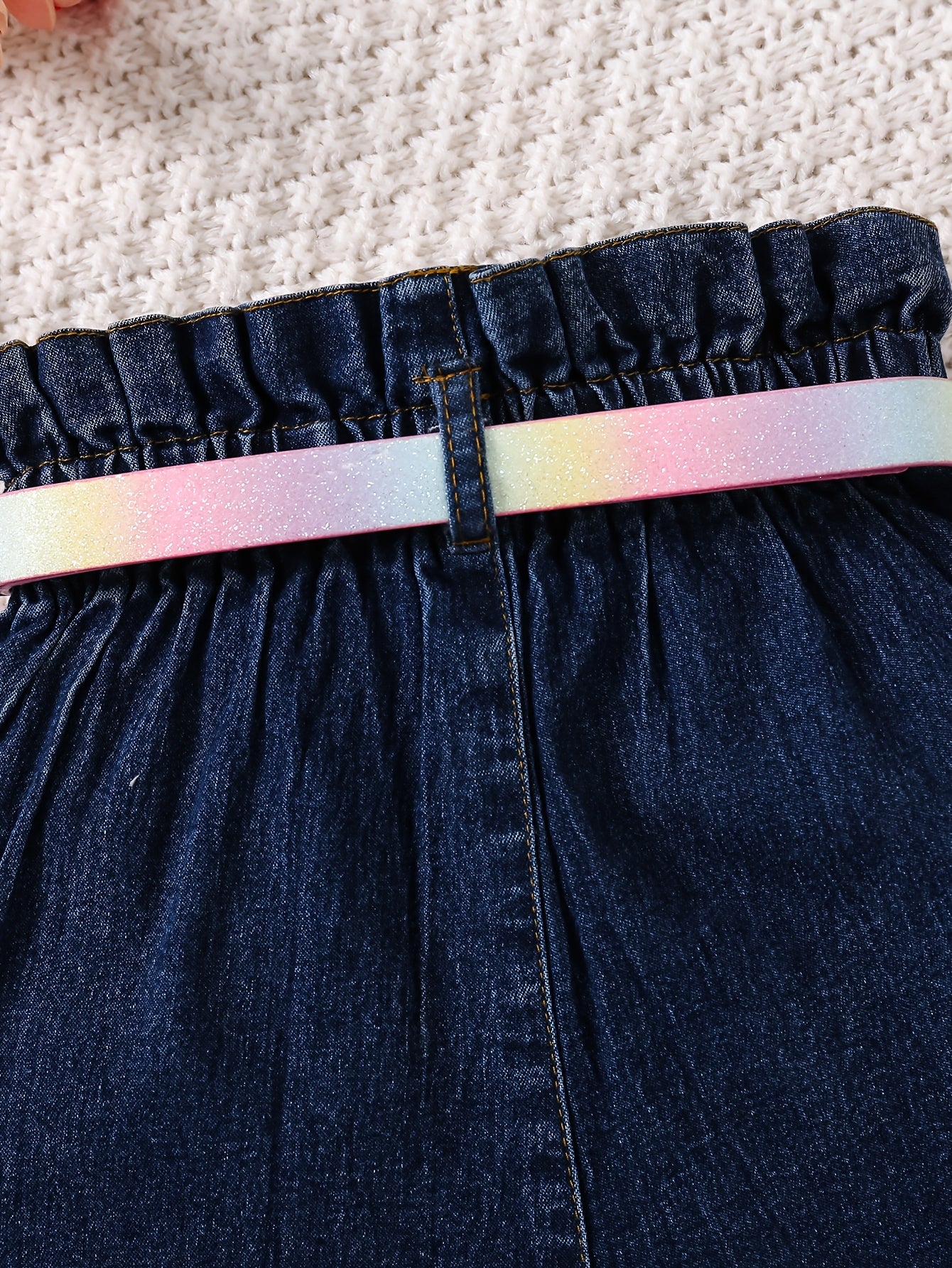 [Casual Joy] Girls' High-Waist Stretch Denim Shorts with Adjustable Belt - Comfy & Casual with Pockets, Ideal for Spring/Summer/Fall, Playful Youngsters Apparel|Cute & Durable Fabric