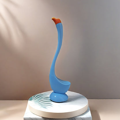 Swan-shaped toilet brush with angled bristles, floor mount, no-drill installation, long handle, medium firmness, kickstand, no electricity required.