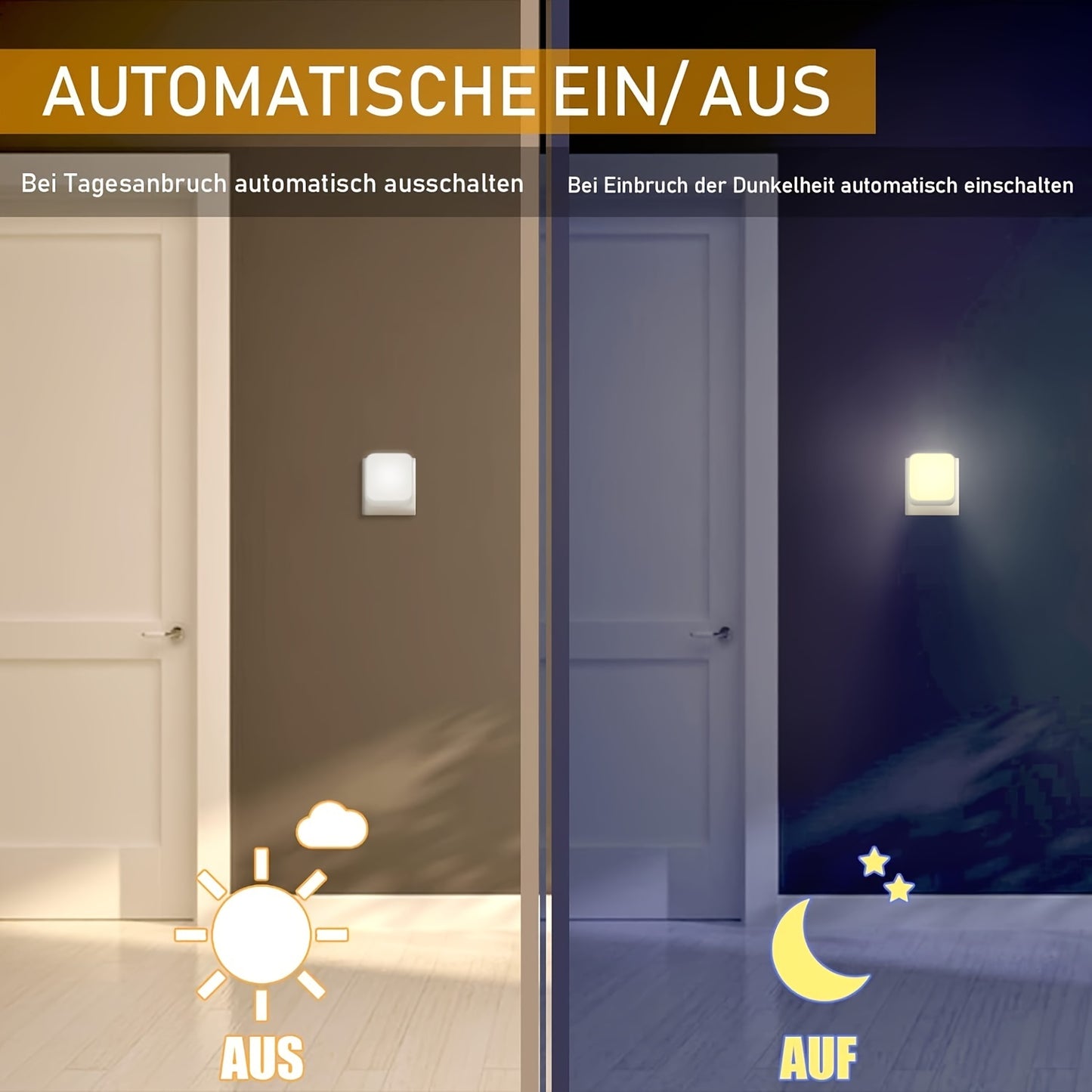 Energy-efficient LED night light with smart sensing, light sensor, and wall mount for various rooms.