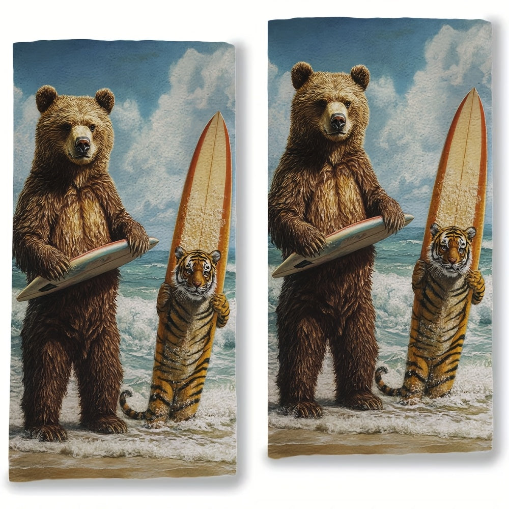 Get your hands on 2 pieces of ultra soft kitchen towels featuring fun Surfer Bear and Tiger designs. These highly absorbent dish hand towels are perfect for holiday decor. They are machine washable and each towel measures 16x24 inches. Item number