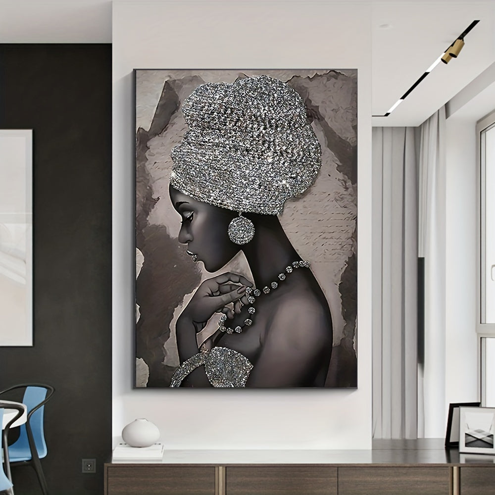 Abstract canvas painting featuring a silvery glitter embroidered African woman, ideal for home or office wall decor. Frame not included.