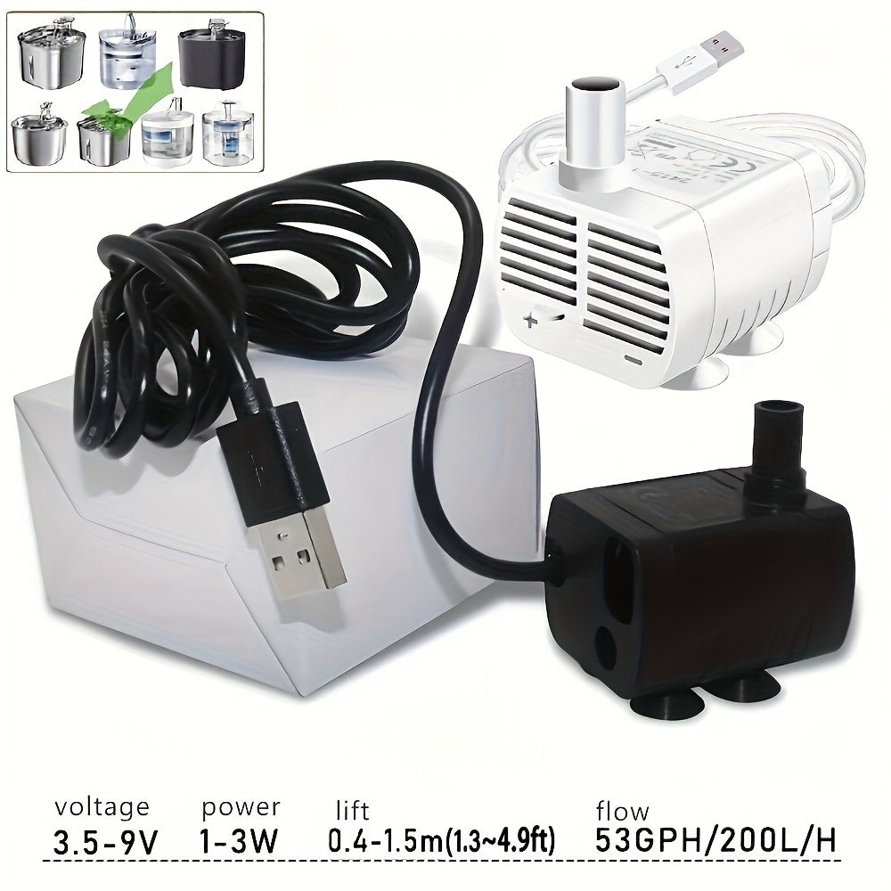 1pc AquaFlow USB Mini Water Pump, 53GPH/200L/H, low noise, submersible pump for aquariums, fountains, and filtration systems. Operates at ≤36V with power mode USB, no battery needed. Ideal