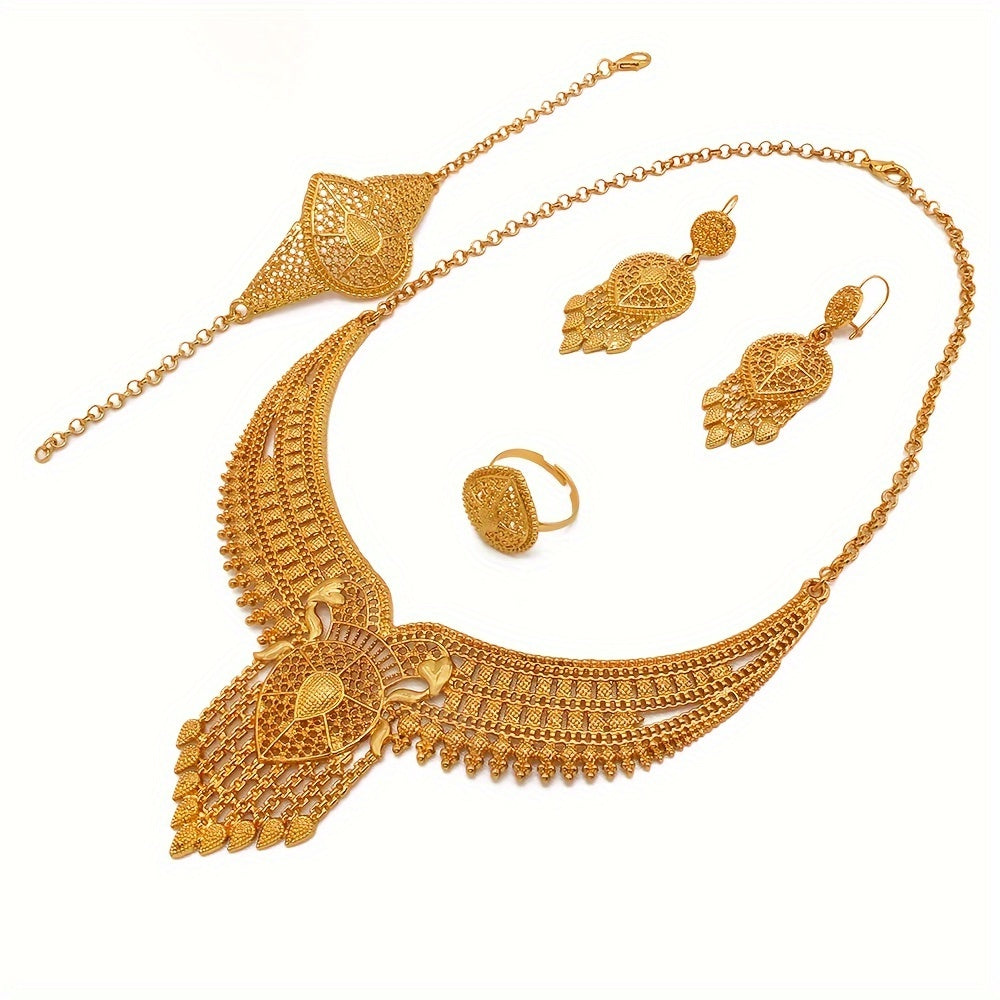 This luxurious jewelry set, consisting of a necklace, bracelet, ring, and two earrings, is exquisitely crafted for women in the Middle East, with a focus on Dubai. Perfect for wedding attire, this set is versatile and can be worn by brides from Europe