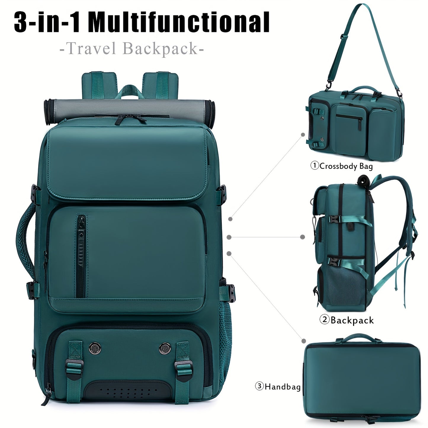 Men's travel backpack with large capacity for hiking, business, and laptops, includes a waterproof shoe bag.