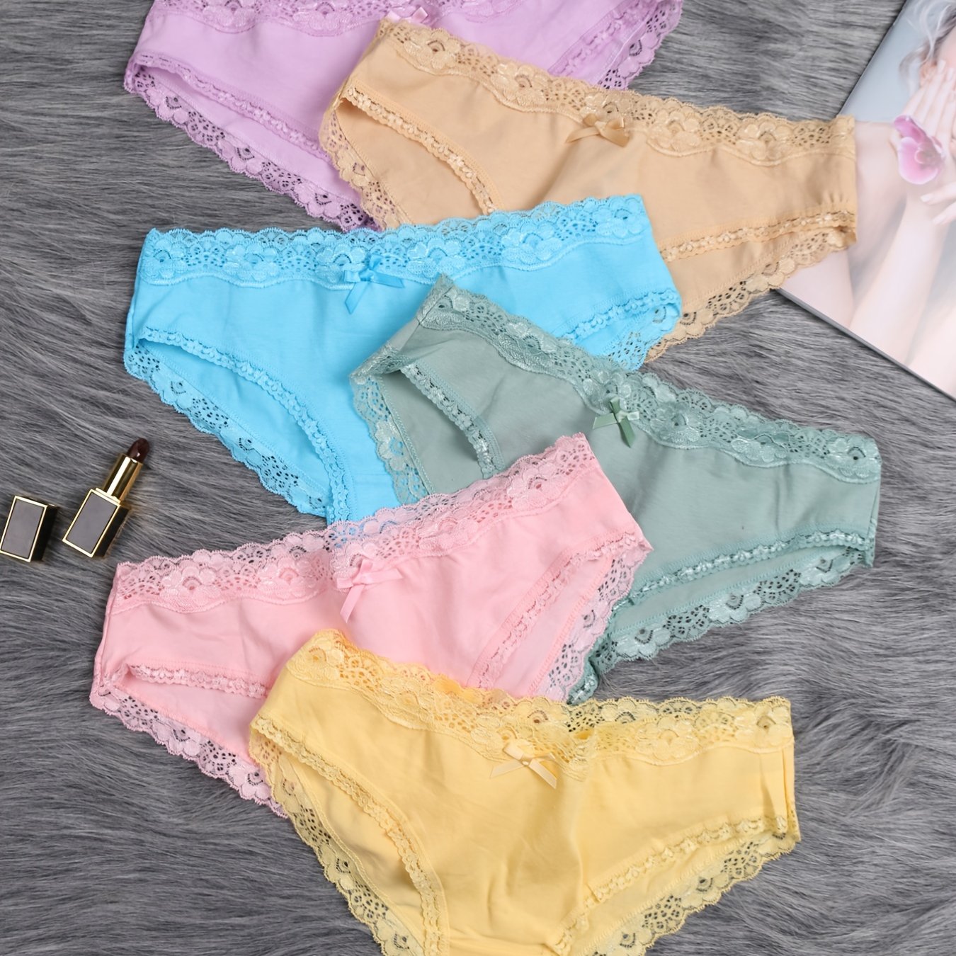 6-pack of women's low-rise lace panties, breathable bikini style.