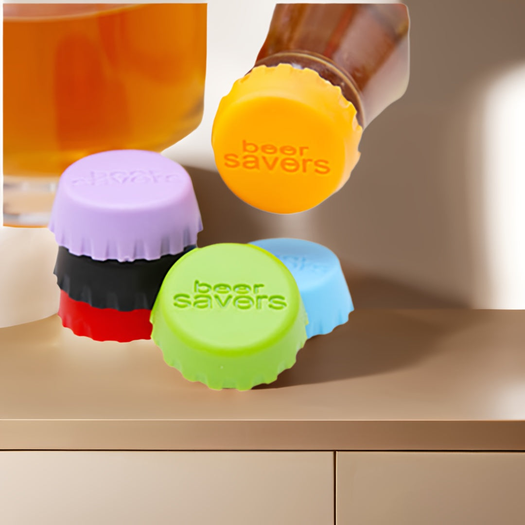 Durable silicone beer savers, reusable caps for beer, soda, and wine in assorted colors, 6-pack. A reliable kitchen gadget with a tight seal.