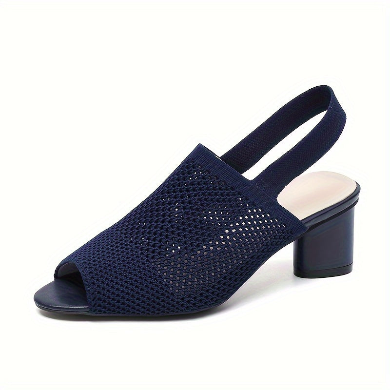 Mesh peep-toe chunky heel sandals for women, slip-on with elastic ankle strap, mid-heel design