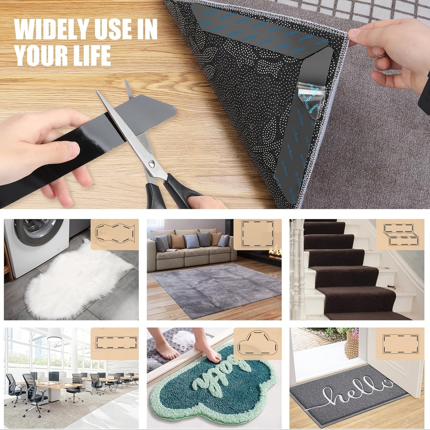 Clamp down your carpet to prevent curls and knots at the corners and ensure clean, precise cuts for a seamless look in your space. Our reusable double-sided adhesive pads provide a flexible solution for securing your carpet to hardwood floors, offering a