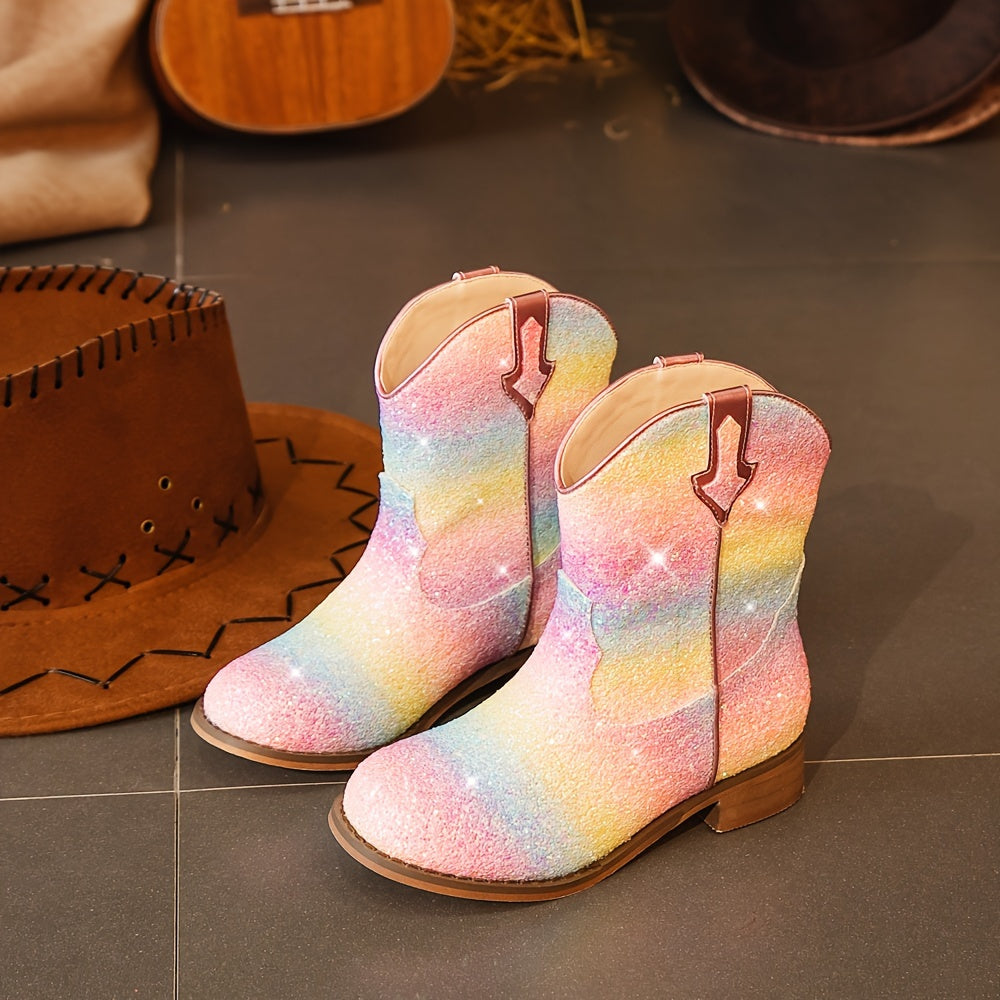 Glittery western-style denim boots for girls with square toes.