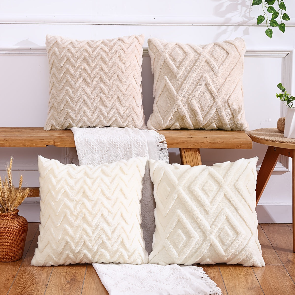 Pair of plush throw pillow covers in contemporary geometric pattern, hand wash only, 100% polyester zipper closure, beige wavy design for living room décor.