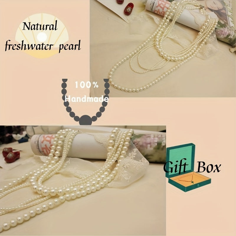 This multi-layered freshwater pearl sweater necklace exudes elegance with its combination of 3-4mm and 7-8mm beads. Perfect for special occasions such as dates, weddings, proposals, Mother's Day, Valentine's, and anniversaries. Comes in a gift box for a